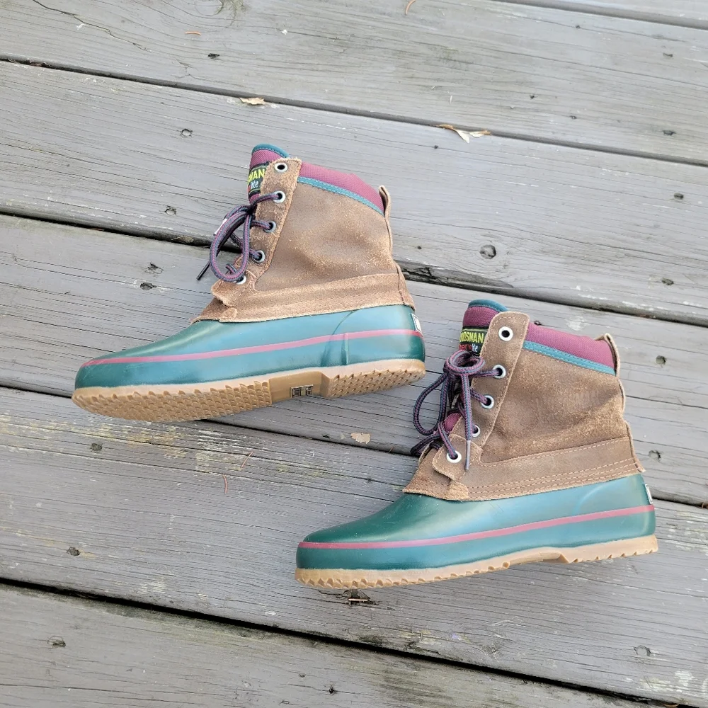 Vintage 90s y2k Woodsman Brown Roughout Suede Leather‎ Green Rubber Duck Boots 7